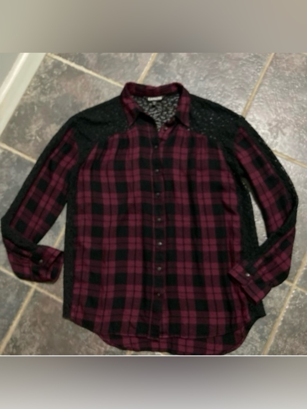 Express Boyfriend Plaid and Lace Shirt in a Maroon and Black Women’s Size S